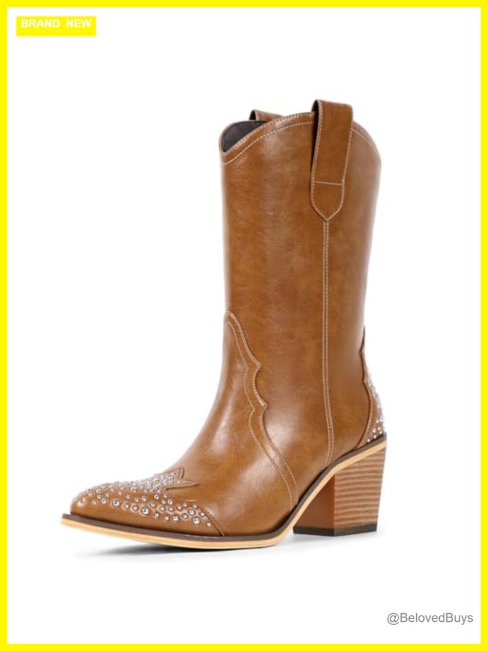 Studded Mid Calf Cowboy Boots Faux Leather Chunky Heel Women Western